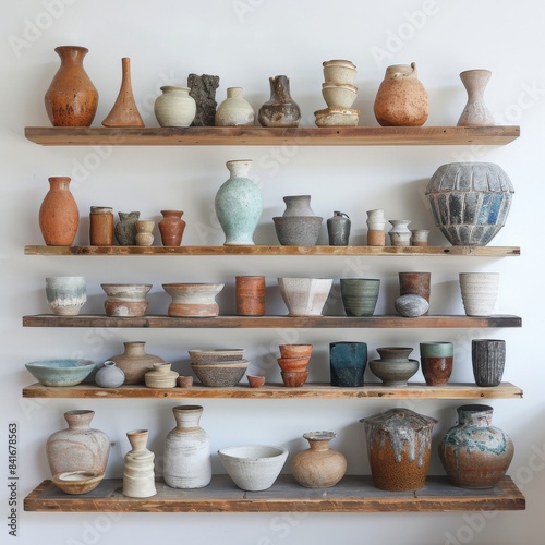 A rustic wooden shelf displays a variety of handmade ceramic pieces, showcasing the artistry of Lipik Pottery. photo