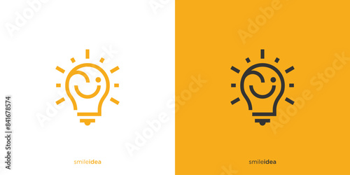Smile Idea Logo Designs. Abstract Happy Light Bulb with Line art Outline Style. Smart Logo, Icon, Symbol, Vector, Design Template.