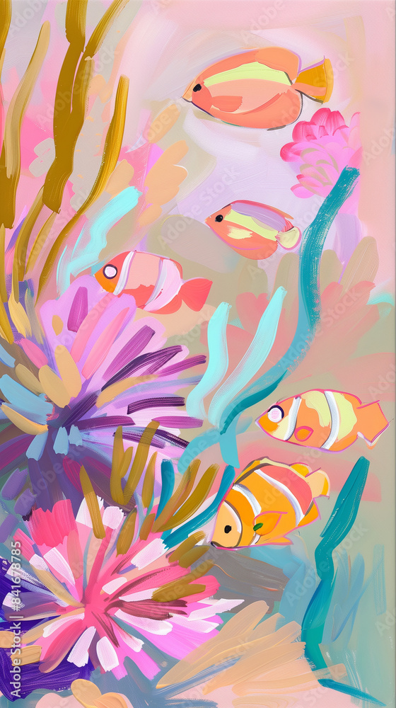 Naklejka premium Colorful illustration of tropical fish swimming in a vibrant underwater coral habitat.