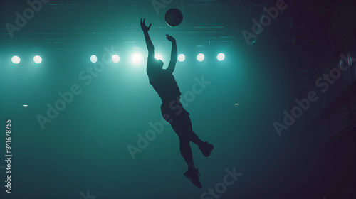 Silhouetted athlete jumps to intercept a ball during a game under bright stadium lights. photo