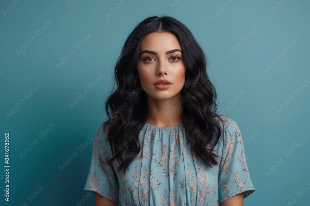 brunette girl on a blue background, portrait, emotions, copy space. brunette girl on a blue background, portrait, emotions, copy space.
