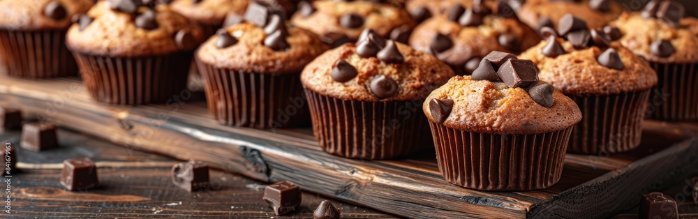 Assorted Chocolate Muffins on Wooden Table - Delicious Bakery Treats for Food Photography Background Assorted Chocolate Muffins on Wooden Table - Delicious Bakery Treats for Food Photography Background