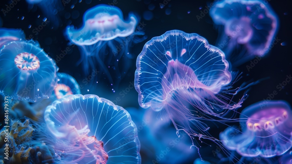 A mesmerizing display of bioluminescent plankton illuminating the ocean's depths, creating an underwater spectacle of ethereal light. A mesmerizing display of bioluminescent plankton illuminating the ocean's depths, creating an underwater spectacle of ethereal light.