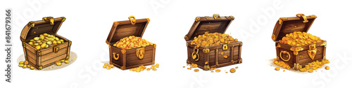 Set of old pirate wooden chest with golden coin treasure chest box vector for games animation