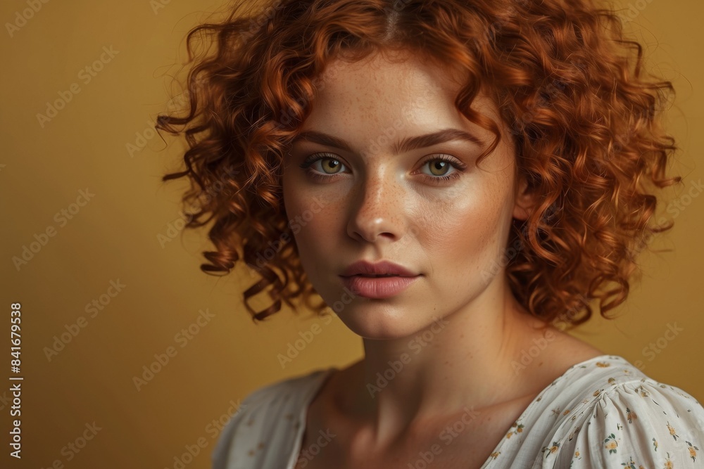 Curly red hair girl, women portrait, emotions, copy space. Curly red hair girl, women portrait, emotions, copy space.