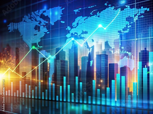 Panoramic abstract backdrop with stock market growth/down, digital financial chart graphs and indicators, stock market, growth, decline, abstract, backdrop, digital, financial, chart