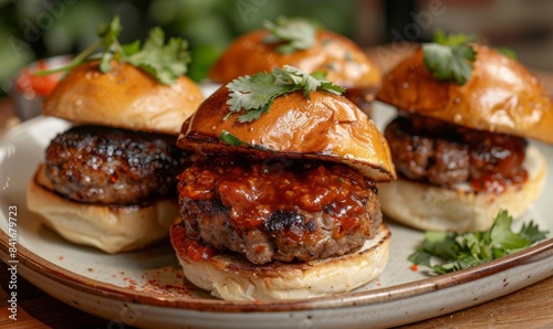 pork sliders garnished with spicy sauce on plate