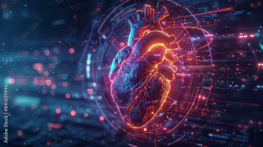 3D representation of a human heart Surround with concentric circles of futuristic digital interfaces 3D representation of a human heart Surround with concentric circles of futuristic digital interfaces
