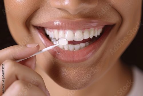 Woman Applying Teeth Whitening Strips for a Bright Smile - Oral Care Concept