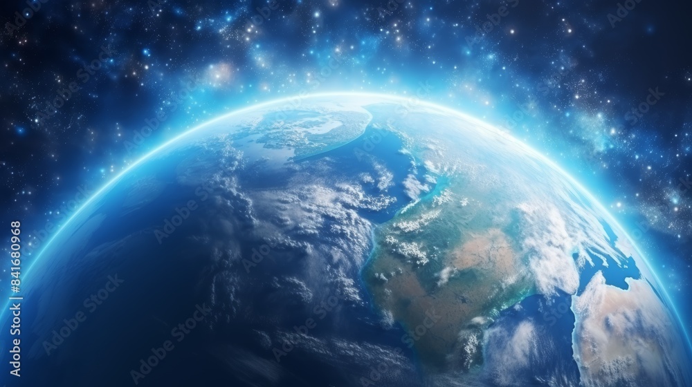 Fototapeta premium A mesmerizing view of the Earth from space, showcasing the swirling clouds, the vast blue oceans, and the continents in all their glory.