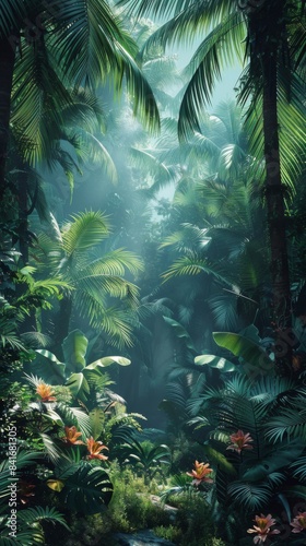 Tropical Jungle Background. Atmospheric Wallpaper with Lush  Tropical Vegetation.