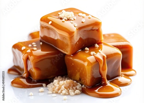 Thick caramel sauce dripping on crunchy sea salt toffee pieces, isolated on white , caramel, sauce, dripping, thick, crunchy, sea salt, toffee, isolated, white background, dessert, sweet