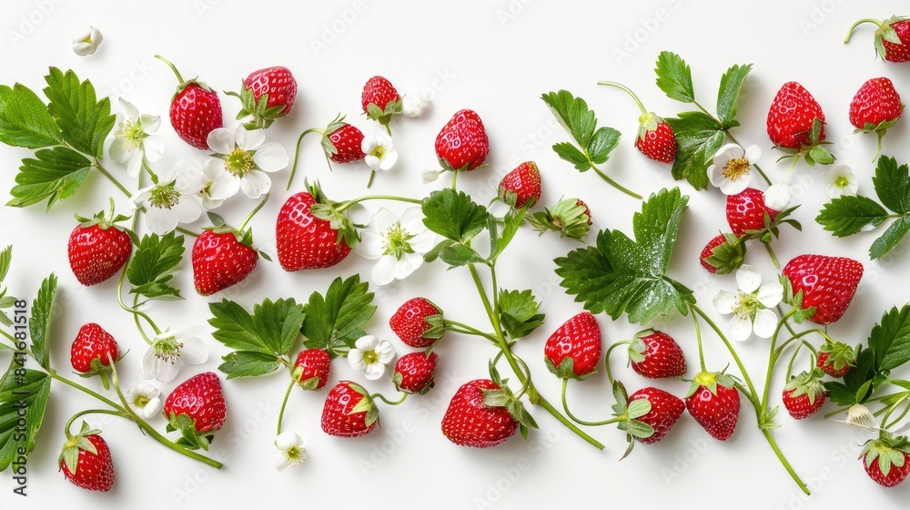 Isolated white background with strawberry blooms and foliage Isolated white background with strawberry blooms and foliage