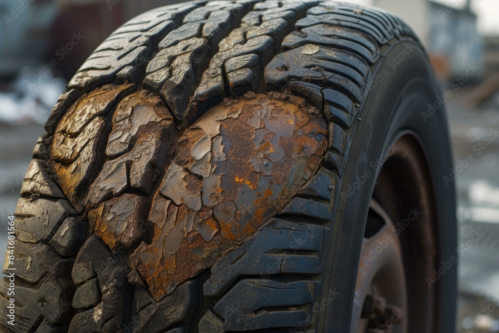 Closeup of a damaged and rusted car tire, highlighting wear and tear Closeup of a damaged and rusted car tire, highlighting wear and tear
