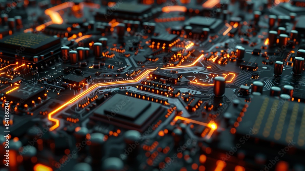 A microscopic view of digital pulses and signals coursing through the veins of a motherboard, revealing the intricate flow of information. A microscopic view of digital pulses and signals coursing through the veins of a motherboard, revealing the intricate flow of information.