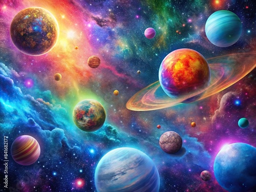 Colorful psychedelic galaxy and planets in space , galaxy, space, psychedelic, colorful, planets, stars, universe, cosmic, abstract, vibrant, surreal, fantasy, astronomy, celestial, nebula