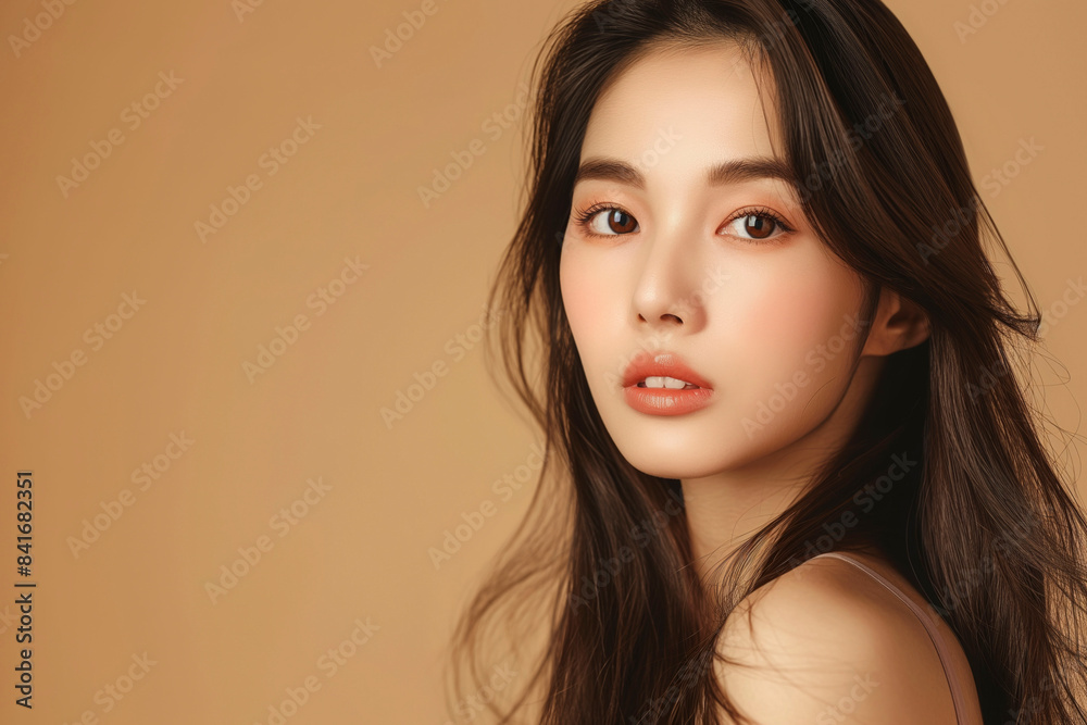 Young Asian beauty woman model long hair with korean makeup style on face and perfect skin on isolated beige background. Facial treatment, Cosmetology, Spa, Aesthetic, plastic surgery. Young Asian beauty woman model long hair with korean makeup style on face and perfect skin on isolated beige background. Facial treatment, Cosmetology, Spa, Aesthetic, plastic surgery.