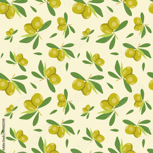 Seamless pattern in vector: green olives on a light background. Bright pattern, linear vector. For producers of olive oil, olive cosmetics, printing on tablecloths, packaging paper, oil packaging