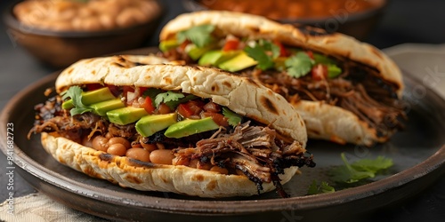 Traditional carnitas torta with avocado refried beans and soft bolillo bread. Concept Mexican Cuisine, Carnitas, Avocado, Refried Beans, Bolillo Bread photo