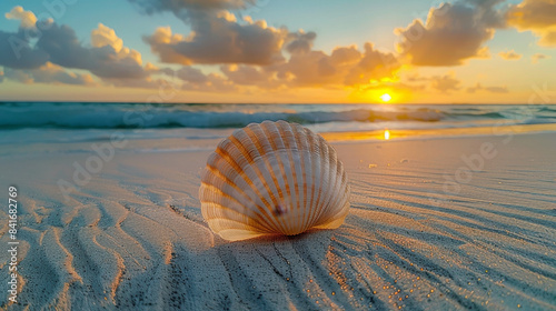 Glistening seashell on sandy beach at sunset, showcasing nature's wonders. photo
