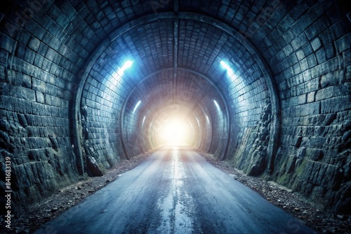 Eerie dark tunnel leading to a glowing white light  symbolizing a mysterious portal to another world or dimension  with themes of afterlife  hope  travel  and exploring the unknown  eerie