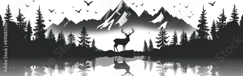 Silhouette of Deer in Mountain Landscape with Fir Trees - Vector Illustration for Logo Design