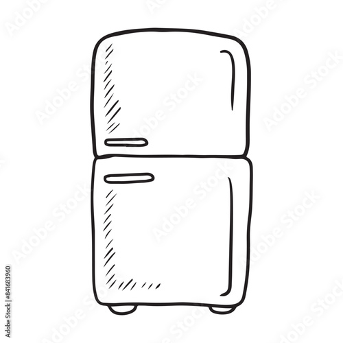 Refrigerator with two sections in black isolated on white background. HAnd drawn vector sketch illustration in doodle engraved vintage line art style. Kitchen equipment, product storage