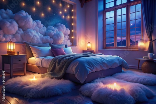 Cozy bedroom with fluffy pillows and soft blankets, comfortable, bedroom, cozy, pillows, soft, blankets, peaceful, relaxation, serenity, interior, decor, home, calming, inviting, tranquil