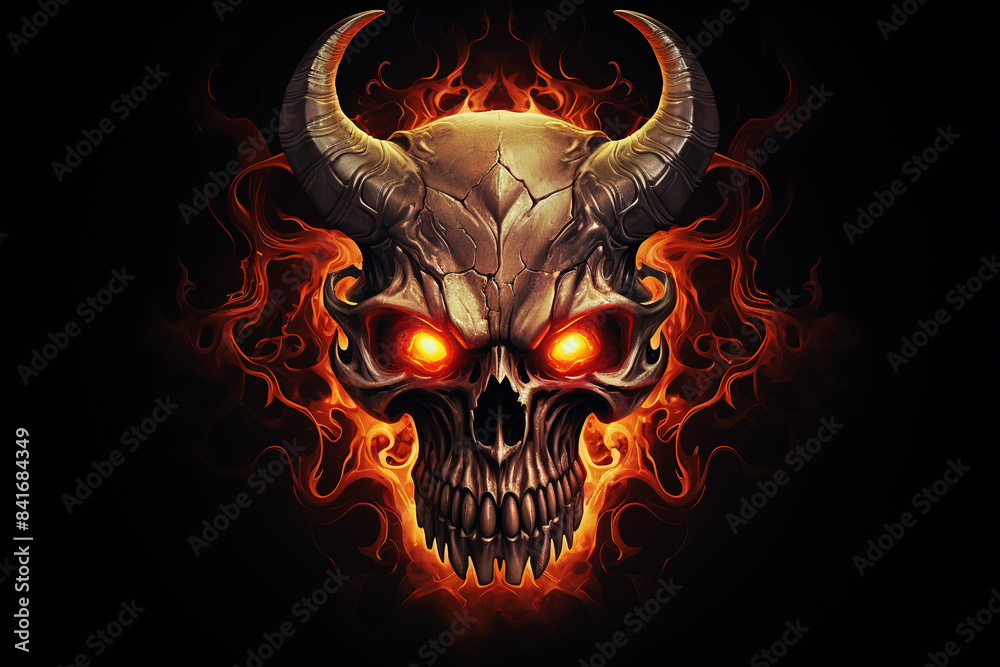 The skull of a horned devil on fire The skull of a horned devil on fire