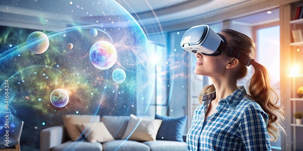Young woman wearing VR headset exploring digital universe with avatars at home, virtual reality, immersive, female, technology, futuristic, social media, online platform,digital, internet