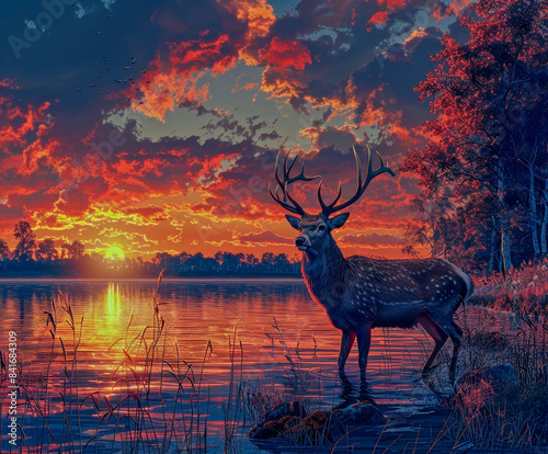 Deer at lake at sunrise