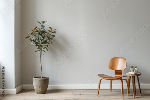 Blank frame photo in Cozy Modern Living Room with Bookshelf and Floor Lamp