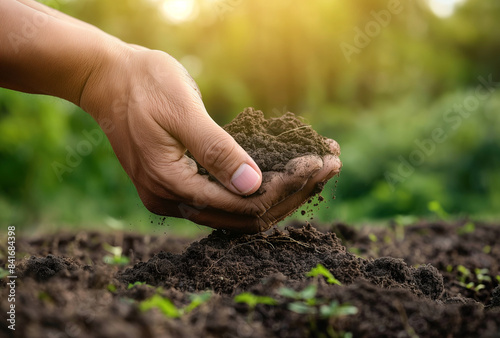 hand of a farmer holding soil to check quality for planting in the garden