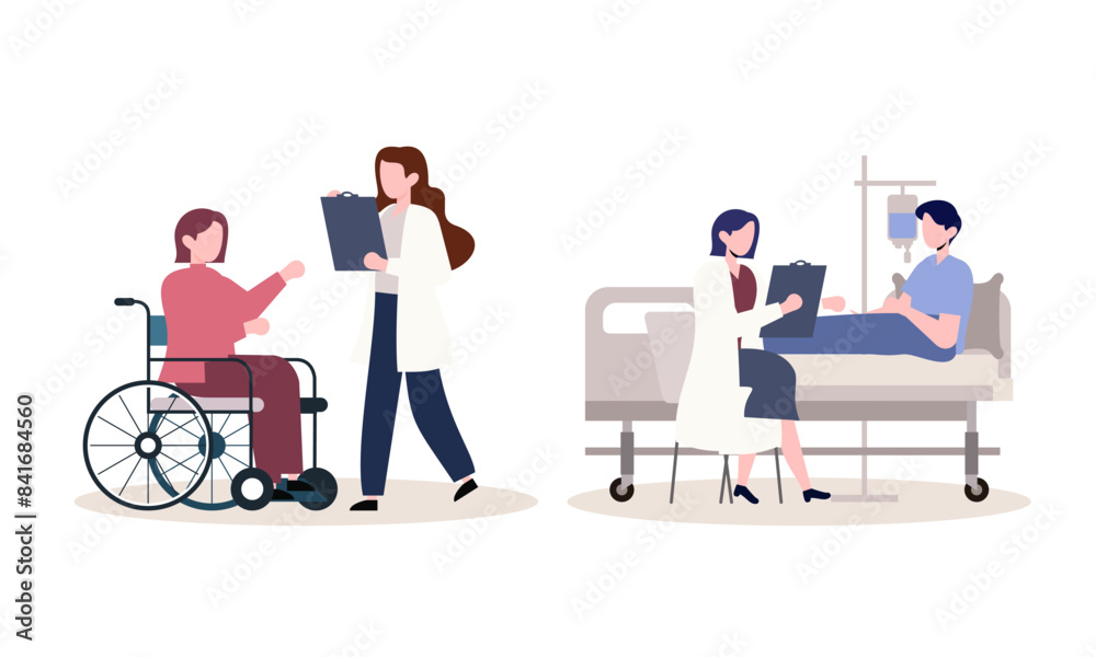 Scenes with doctors and patients illustration. Medical diagnostics, consultations, treatment Scenes with doctors and patients illustration. Medical diagnostics, consultations, treatment