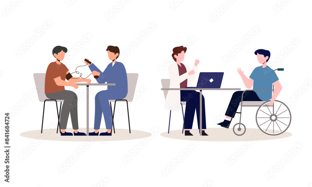 Scenes with doctors and patients illustration. Medical diagnostics, consultations, treatment Scenes with doctors and patients illustration. Medical diagnostics, consultations, treatment