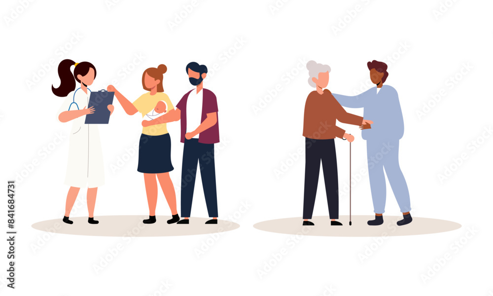 Scenes with doctors and patients illustration. Medical diagnostics, consultations, treatment Scenes with doctors and patients illustration. Medical diagnostics, consultations, treatment