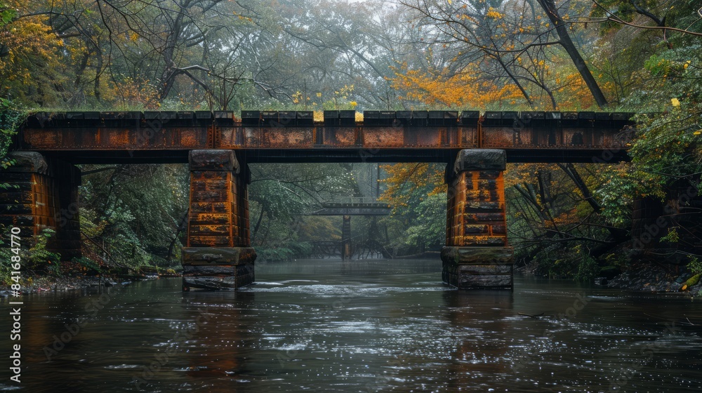Fototapeta premium Old railway bridge spanning a river, blending heritage with infrastructure.
