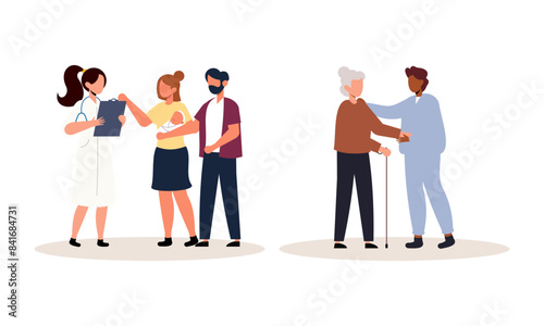 Scenes with doctors and patients illustration. Medical diagnostics, consultations, treatment