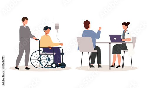 Scenes with doctors and patients illustration. Medical diagnostics, consultations, treatment