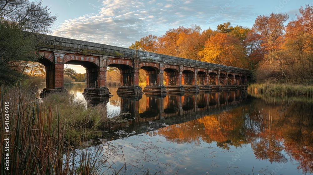 Fototapeta premium Old railway bridge spanning a river, blending heritage with infrastructure.