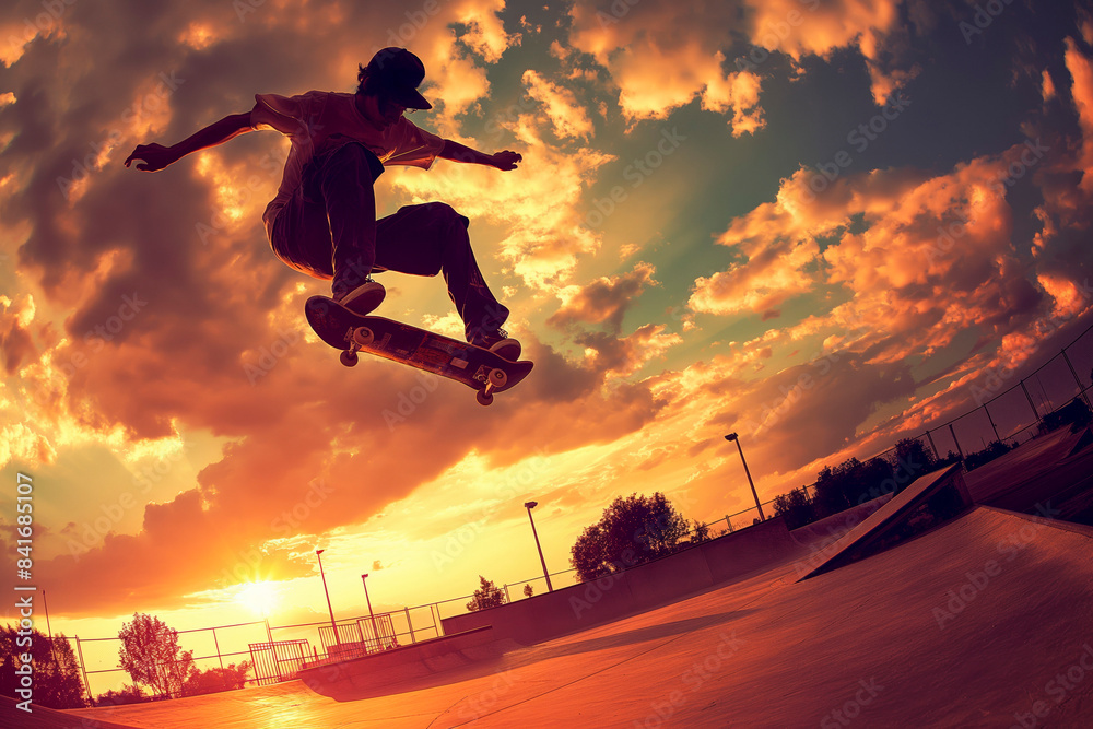 custom made wallpaper toronto digitalYoung skateboarder doing kickflip in a skatepark at sunset