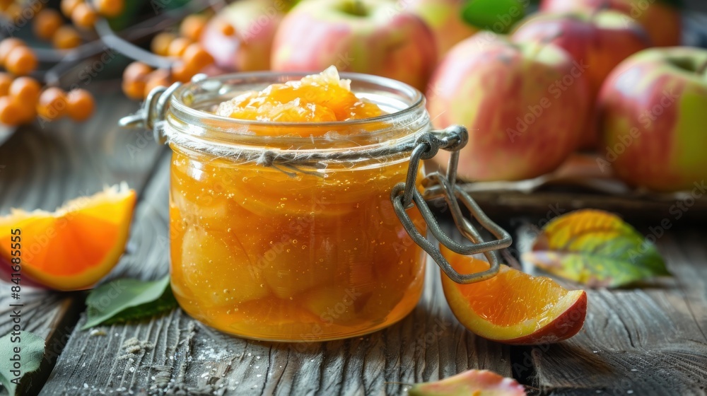 A glass jar of apple and orange jam A glass jar of apple and orange jam