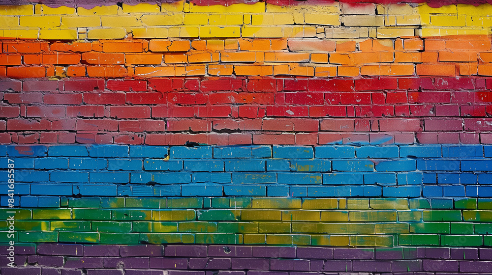 Fototapeta premium Vibrant Rainbow-Colored Brick Wall with Weathered Texture