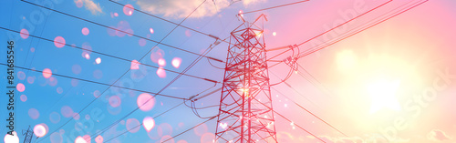 High voltage electric transmission tower with blue sky and shining sun and bokeh in background 