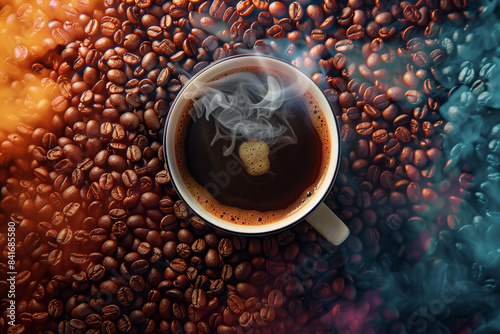 a cup of coffee surrounded by roasting beans, top view