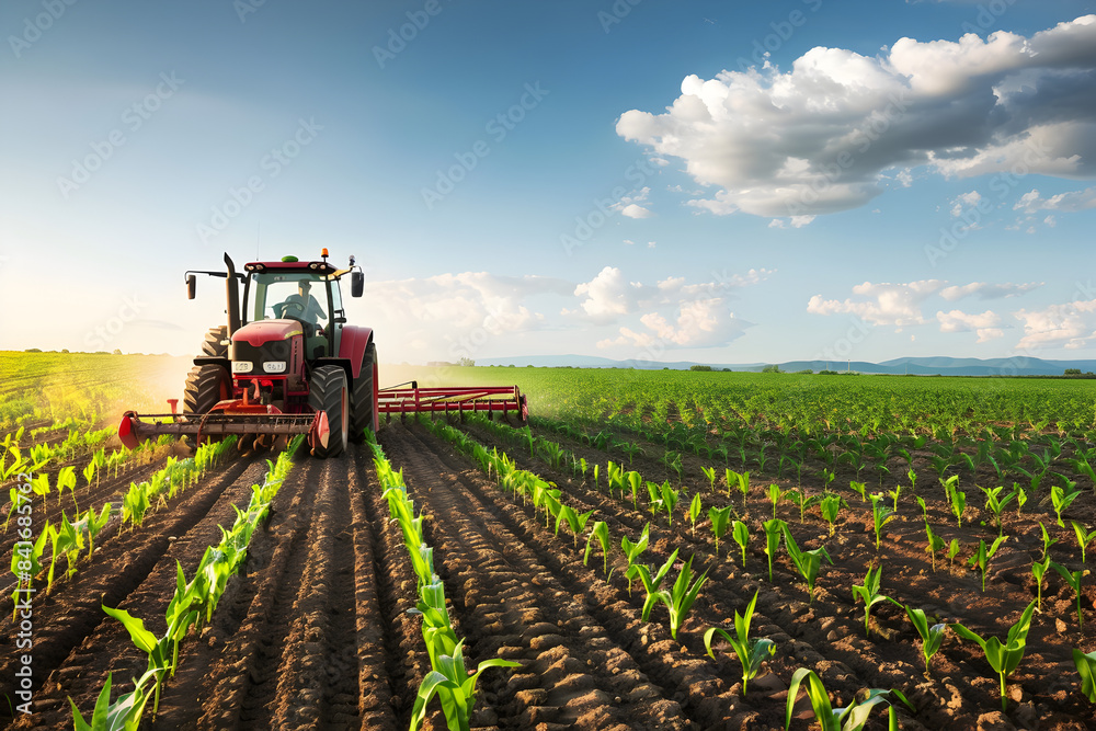 tractor in fields with sky view tractor in fields with sky view