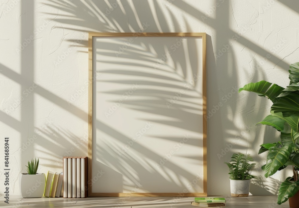 Modern interior design, mockup poster frame on the table with tropical leaves, wooden elements and books, sunlight effect, natural light, shadows Modern interior design, mockup poster frame on the table with tropical leaves, wooden elements and books, sunlight effect, natural light, shadows