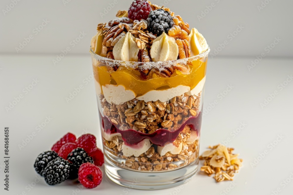 Delicious parfait with layers of yogurt, granola, and fresh berries, presented in a glass for a vibrant and healthy snack option Delicious parfait with layers of yogurt, granola, and fresh berries, presented in a glass for a vibrant and healthy snack option