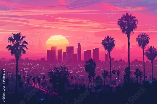A view of the Los Angeles skyline with palm trees in the background