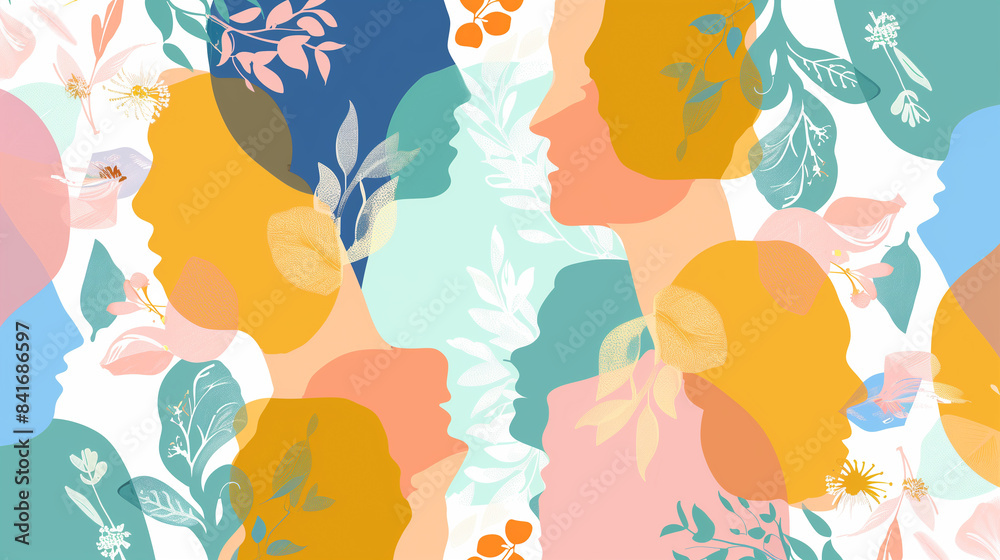 Abstract Silhouettes of Faces with Botanical Elements in Pastel Colors